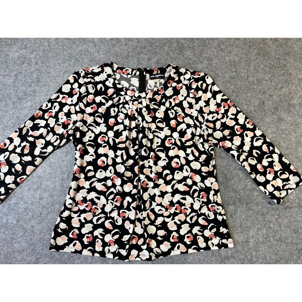 Karl Lagerfeld Bow Neck Abstract Floral Print Jersey Top Blouse Sz XL Old Money